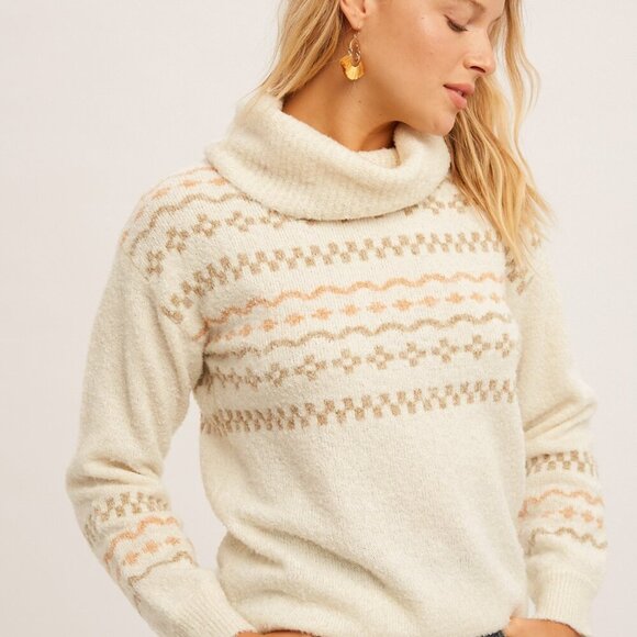 BOUTIQUE HEM & THREAD Fair Isle Turtleneck Sweater Ivory Beige Knit Pullover - Picture 8 of 8